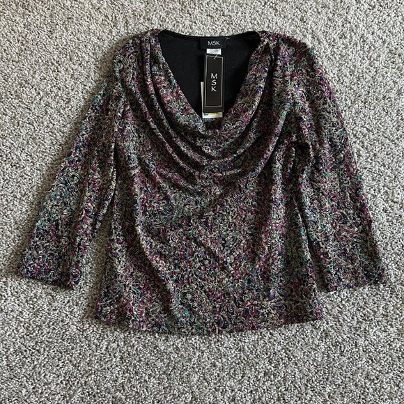 MSK Womens Sz S Cowl Neck Multicolor Metallic Paisley 3/4 Sleeve Top - Picture 12 of 12